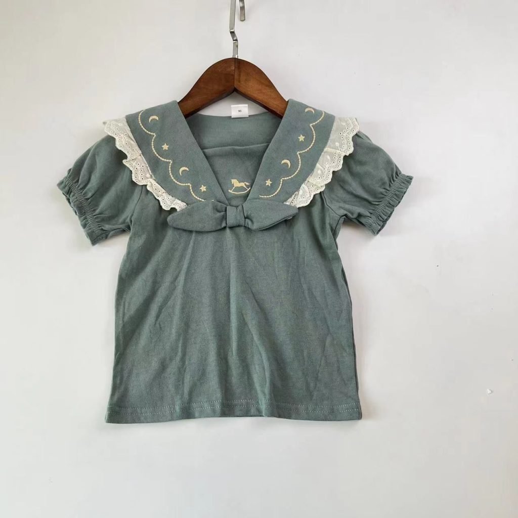 女童Tee - 日單翻領蕾絲邊綠色上衣 2 女童Tee