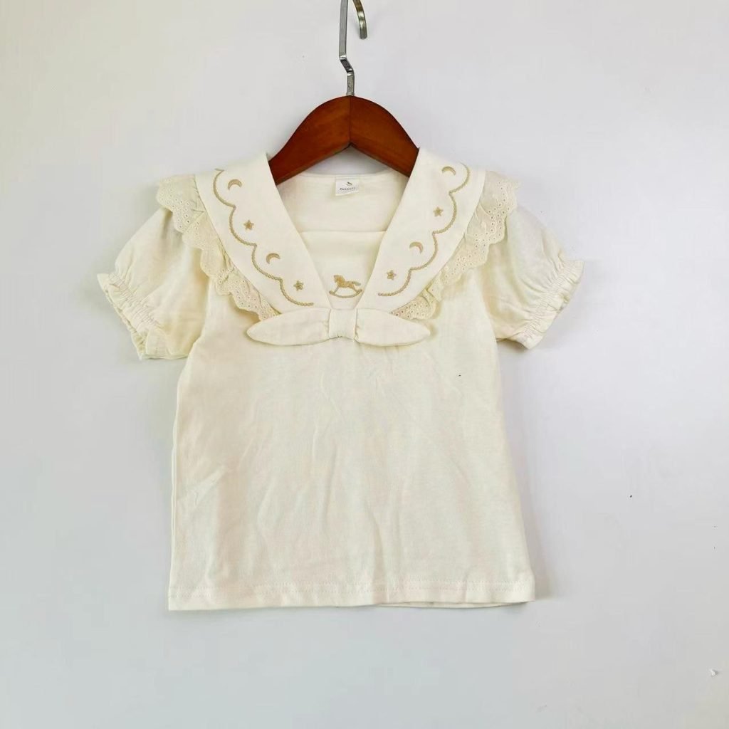 女童Tee - 日單翻領蕾絲邊米白上衣 2 女童Tee - 日單翻領蕾絲邊米白上衣