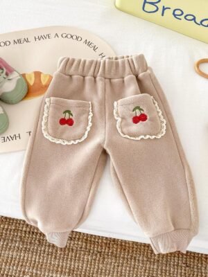 女童長褲-韓版卡其加絨加厚褲