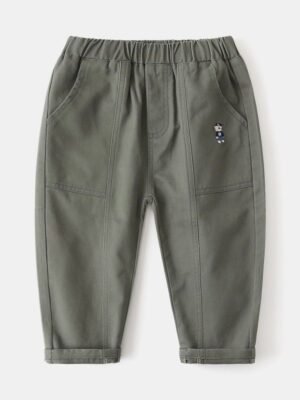 男童長褲-軍綠刺繡熊仔長褲