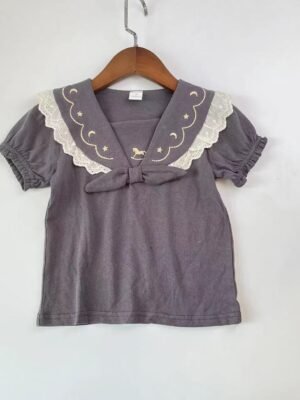 女童Tee - Cottoli 翻領蕾絲邊灰色上衣