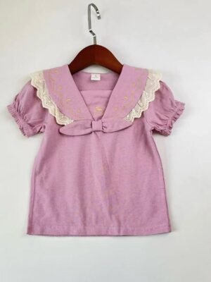 女童Tee - Cottoli 翻領蕾絲邊紫色上衣