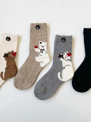 女裝襪 - 日本NYA愛心萌寵動物中筒襪 (4對入)
