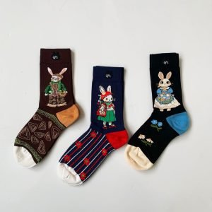 女裝襪 - 日本 NYA 復古兔仔刺繡女裝中筒襪 (1套3對)