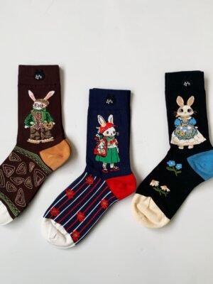 女裝襪 - 日本 NYA 復古兔仔刺繡女裝中筒襪 (1套3對)