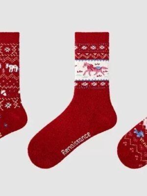 女裝襪 - 女裝馬年紅色中筒襪 (1套3對)