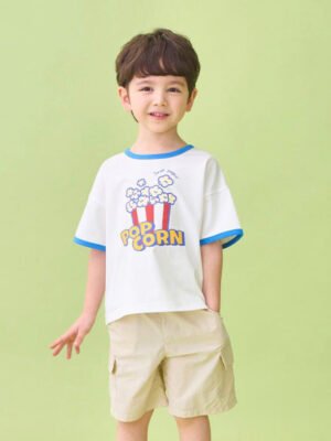 男童T裇短褲套裝 | 趣味爆谷印花上衣配工裝褲 (藍白款)