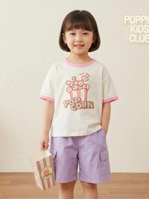女童T裇短褲套裝 | 趣味爆谷圖案上衣配紫色工裝褲 (粉紫款)