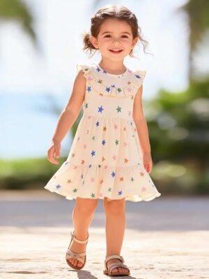 彩色星星荷葉邊女童連身裙 | 清爽無袖傘裙