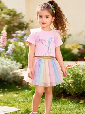 女童美人魚紗裙套裝 | 粉色短袖上衣配彩虹網紗裙 (兩件套)