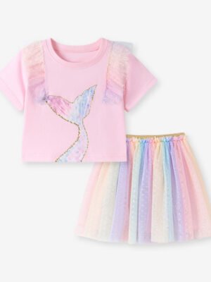 女童美人魚紗裙套裝 | 粉色短袖上衣配彩虹網紗裙 (兩件套)