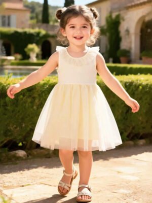 氣質淡黃網紗女童連身裙 | 派對公主裙 (無袖)