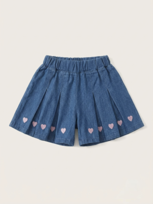兒童短褲 - 心心刺繡百褶牛仔短褲(110)
