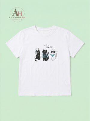 女裝上衣 - 童趣貓咪印花純棉短袖T恤