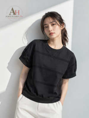 女裝上衣 - 暗紋拼接微澎袖上衣