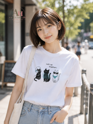 女裝上衣 - 童趣貓咪印花純棉短袖T恤 貓奴必備單品!童趣貓咪印花白色短袖T恤,手繪風圖案可愛吸睛。舒適親膚的百搭女裝上衣,為您的日常穿搭增添歡樂氣息。
